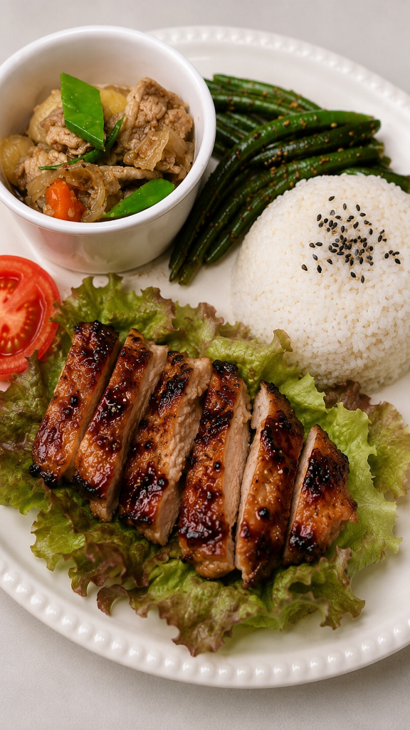 Teriyaki chicken with shoyu koji, plated with rice and green beans